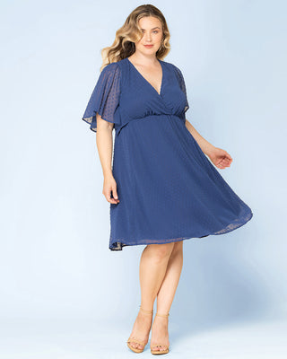 Florence Flutter Sleeve Dress in Denim Blue Dot