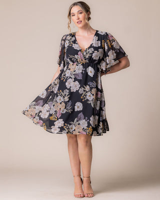 Florence Flutter Sleeve Dress in Midnight Peony Print