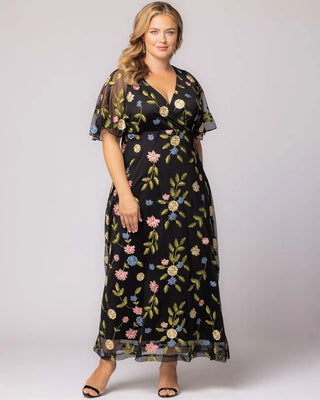 Embroidered Elegance Evening Gown in Black Blossom Print