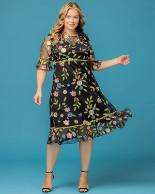 Wildflower Embroidered Dress in Black Blossom Print