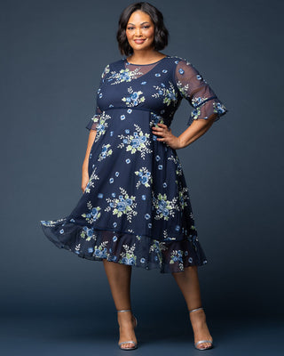 Wildflower Embroidered Dress in Glistening Blue Blooms