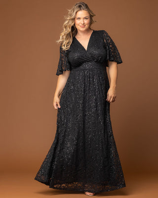 Luminous Sequin Lace Long Gown in Onyx