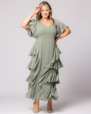 Tour de Flounce Chiffon Evening Gown in Sage Dot