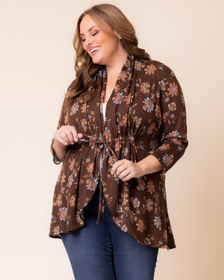 Lori Drawstring Cardigan in Mocha Floral Motif