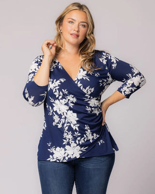 Femme Fatale Faux Wrap Top in Navy Floral Print