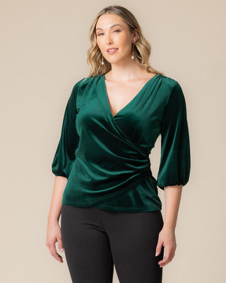 Odette Velvet Faux Wrap Top in Emerald Green