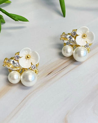 Mini Flower Jeweled Stud Earrings in Ivory