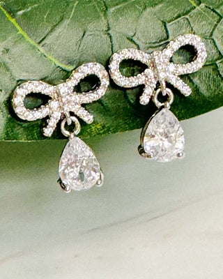 Glittering Bow Teardrop Earrings in Sparkle