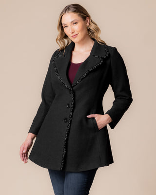 Juliette Winter Coat with Satin Trim in Black Noir