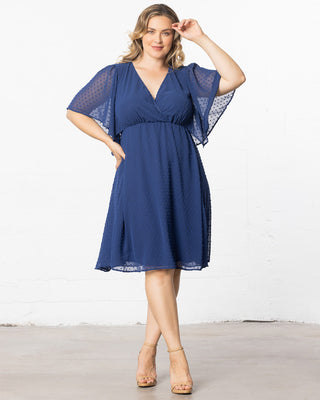 Florence Flutter Sleeve Dress in Denim Blue Dot