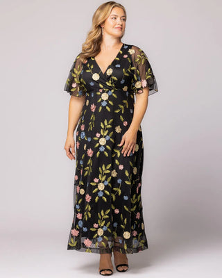 Embroidered Elegance Evening Gown in Black Blossom Print