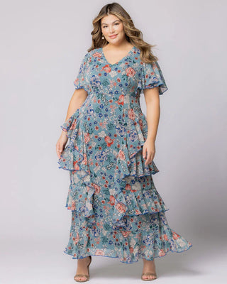 Tour de Flounce Chiffon Evening Gown in Blue Garden Print