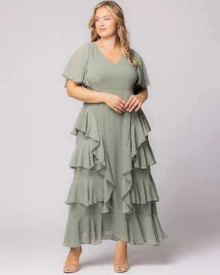 Tour de Flounce Chiffon Evening Gown in Sage Dot