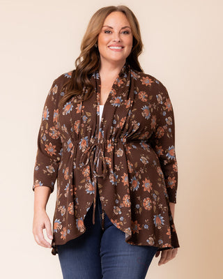 Lori Drawstring Cardigan in Mocha Floral Motif