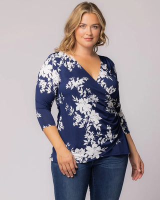 Femme Fatale Faux Wrap Top in Navy Floral Print