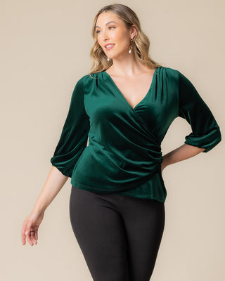 Odette Velvet Faux Wrap Top in Emerald Green