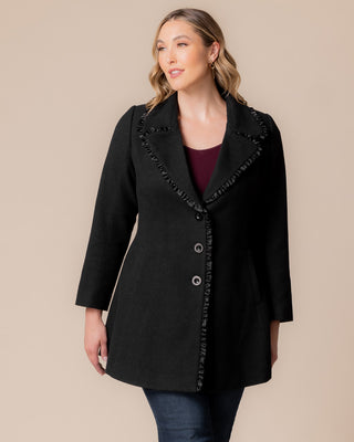 Juliette Winter Coat with Satin Trim in Black Noir