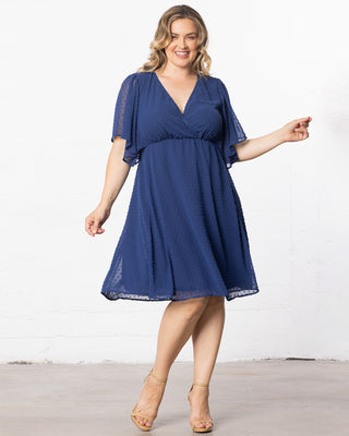 Florence Flutter Sleeve Dress in Denim Blue Dot