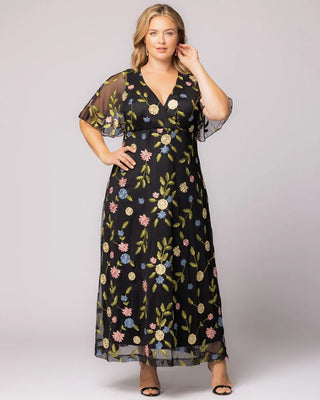 Embroidered Elegance Evening Gown in Black Blossom Print