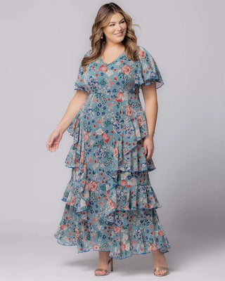 Tour de Flounce Chiffon Evening Gown in Blue Garden Print