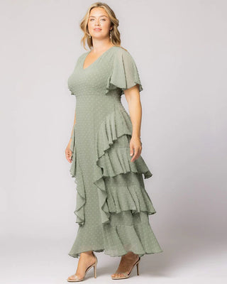 Tour de Flounce Chiffon Evening Gown in Sage Dot