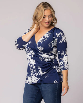 Femme Fatale Faux Wrap Top in Navy Floral Print