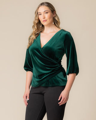 Odette Velvet Faux Wrap Top in Emerald Green