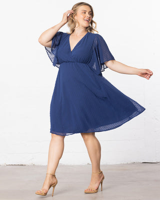 Florence Flutter Sleeve Dress in Denim Blue Dot