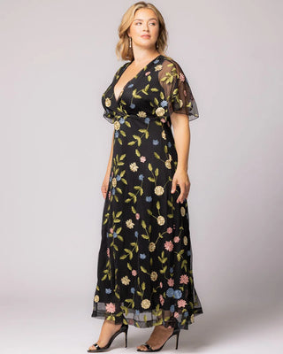 Embroidered Elegance Evening Gown in Black Blossom Print