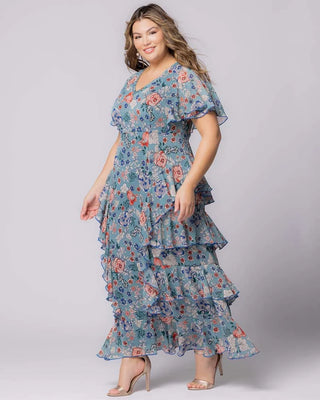 Tour de Flounce Chiffon Evening Gown in Blue Garden Print