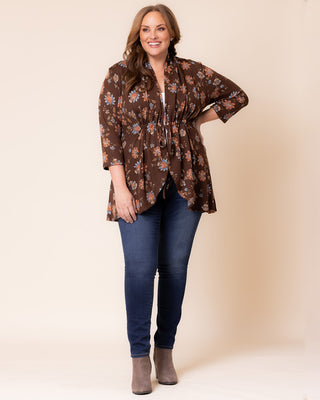 Lori Drawstring Cardigan in Mocha Floral Motif