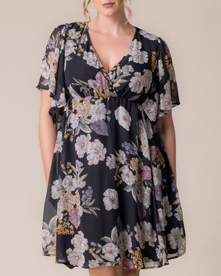 Florence Flutter Sleeve Dress in Midnight Peony Print