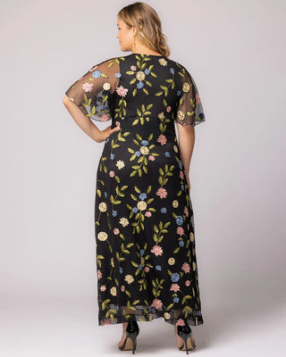 Embroidered Elegance Evening Gown in Black Blossom Print