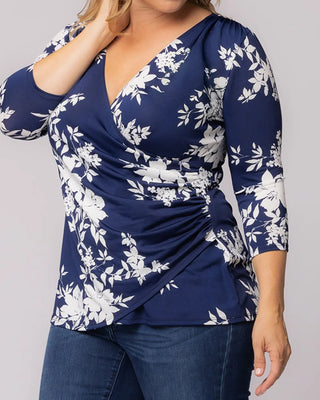 Femme Fatale Faux Wrap Top in Navy Floral Print