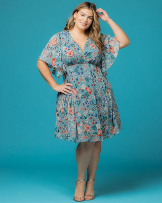 Florence Flutter Sleeve Dress  in Blue Floral Print