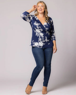 Femme Fatale Faux Wrap Top in Navy Floral Print