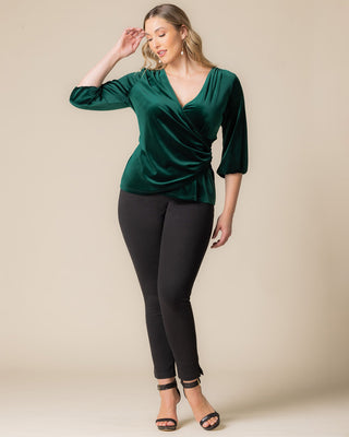 Odette Velvet Faux Wrap Top in Emerald Green