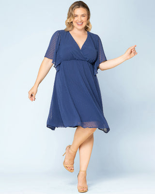 Florence Flutter Sleeve Dress in Denim Blue Dot