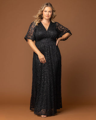 Luminous Sequin Lace Long Gown in Onyx