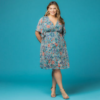 Florence Flutter Sleeve Dress  in Blue Floral Print