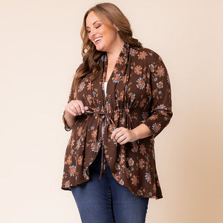 Lori Drawstring Cardigan in Mocha Floral Motif