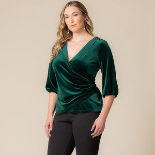 Odette Velvet Faux Wrap Top in Emerald Green