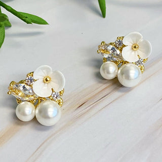 Mini Flower Jeweled Stud Earrings in Ivory