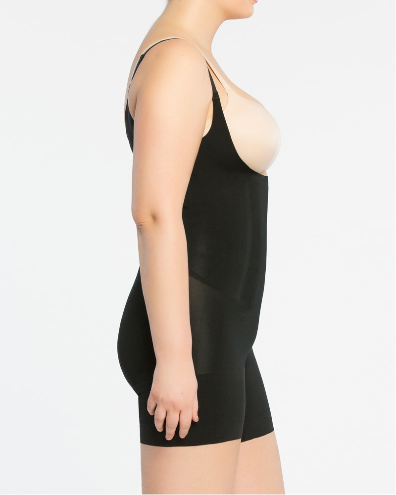 Womens Black Shapewear Open-Bust Mid-Thigh Bodysuit
